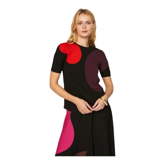 Tory Burch Colorblock Knit Top Shoulder Zipper in Black Red Burgundy Size 6 - Picture 1 of 9